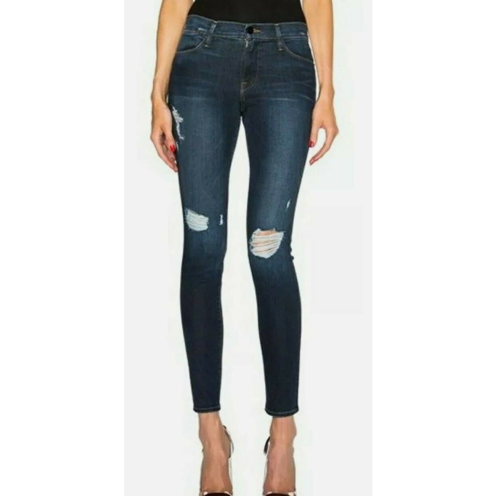 Frame Denim Le High Rise Skinny Jeans Baker Distressed Dark Blue Indigo 26 (F
